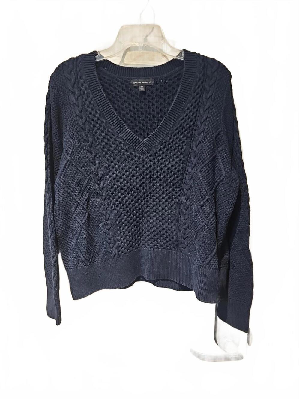 Banana Republic Sweater Womens Size XL V-Neck Cable Knit Navy Casual Pullover